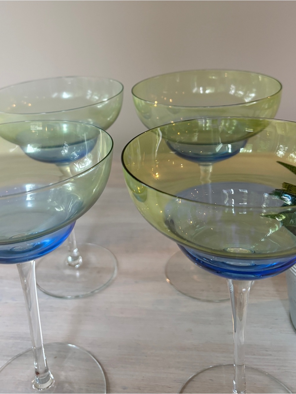 Vintage High Stem Glass Cocktail Glasses with Green Tint & Blue Shades. Set of 4